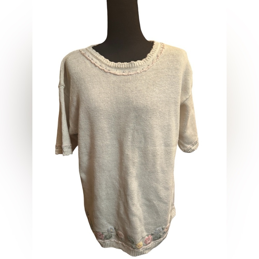 VINTAGE DANA SCOTT Cotton Floral Waist Embroidered Short Sleeve Sweater SZ M EUC